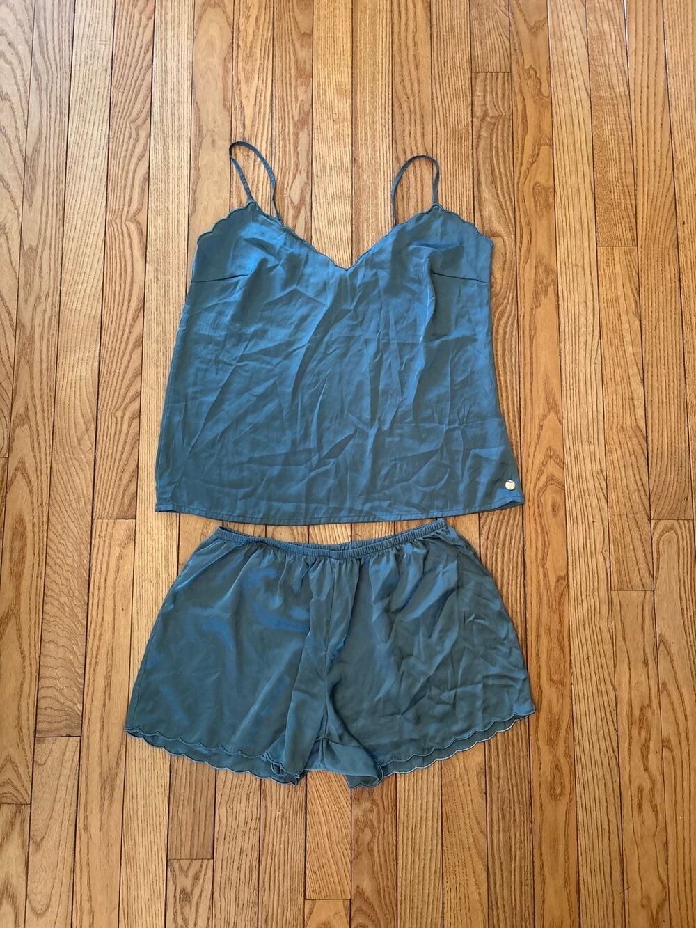 Pajama set silky green vneck tank top shorts adjustable straps summer fairy
